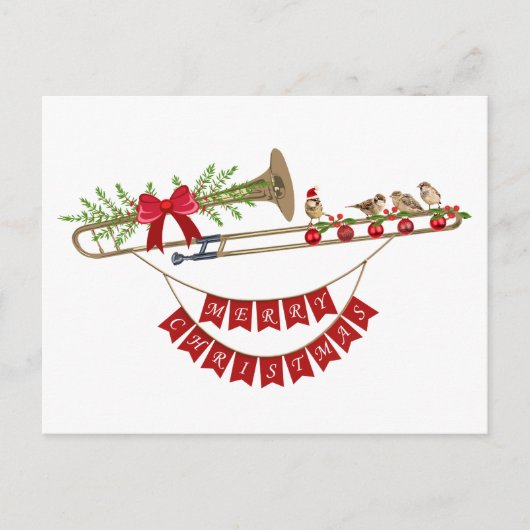 メリークリスマスフェスティバルトロンボーンとかわいい鳥 シーズンポストカード (正面)