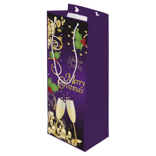 メリークリスマスフェスティバルパープルアンド金ゴールド ワインギフトバッグ (裏面アングル)