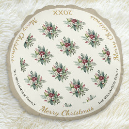 メリークリスマスフェスティバルホリデーウォーターカラーフローラ ラウンドクッション