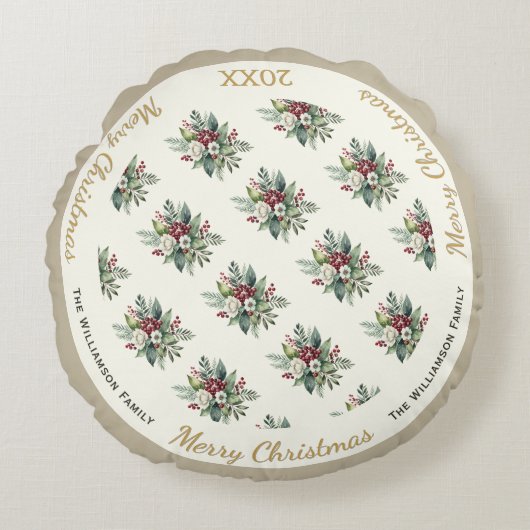 メリークリスマスフェスティバルホリデーウォーターカラーフローラ ラウンドクッション (正面)