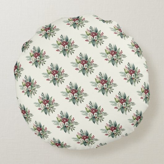 メリークリスマスフェスティバルホリデーウォーターカラーフローラ ラウンドクッション (裏面)