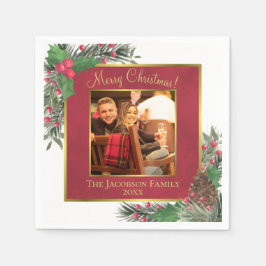 メリークリスマスフェスティバルホリーベリー&パイン写真 スタンダードカクテルナプキン