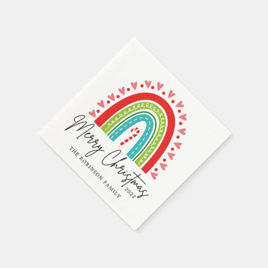 メリークリスマスフェスティバルレインボーキャンディーケーンハート スタンダードカクテルナプキン (角)