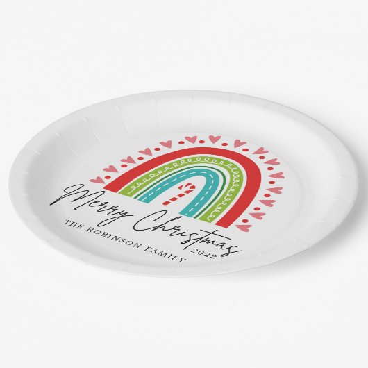 メリークリスマスフェスティバルレインボーキャンディーケーンハート ペーパープレート (アングル)