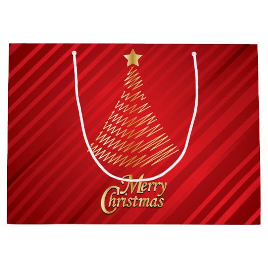 メリークリスマスフェスティバル赤と金ゴールドツリー ラージペーパーバッグ (正面)