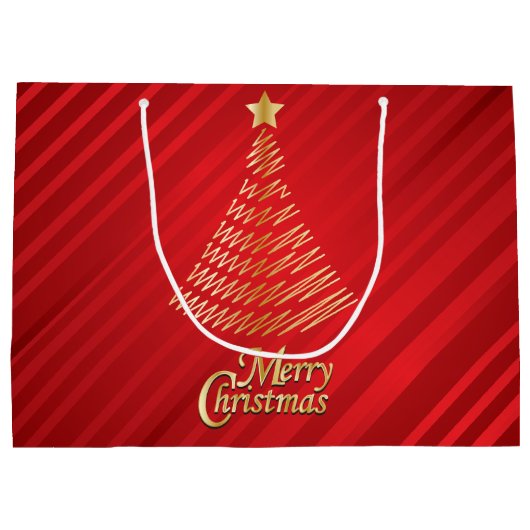 メリークリスマスフェスティバル赤と金ゴールドツリー ラージペーパーバッグ (裏面)
