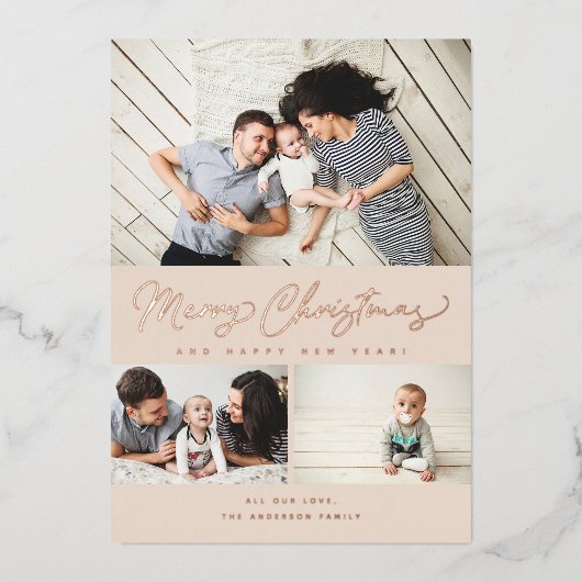 メリークリスマスフォイルスクリプト3コラージュ数々の – 写真 箔シーズンカード (正面)