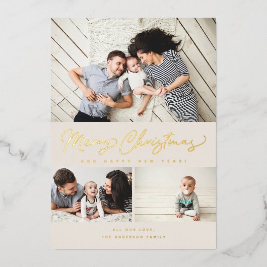 メリークリスマスフォイルスクリプト3コラージュ数々の – 写真 箔シーズンカード (正面)