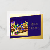 メリークリスマスフォイル – 雪の中の村 箔シーズンポストカード (正面/裏面)