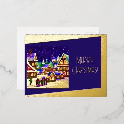 メリークリスマスフォイル – 雪の中の村 箔シーズンポストカード (正面/裏面)