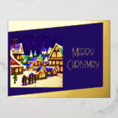 メリークリスマスフォイル – 雪の中の村 箔シーズンポストカード (正面)