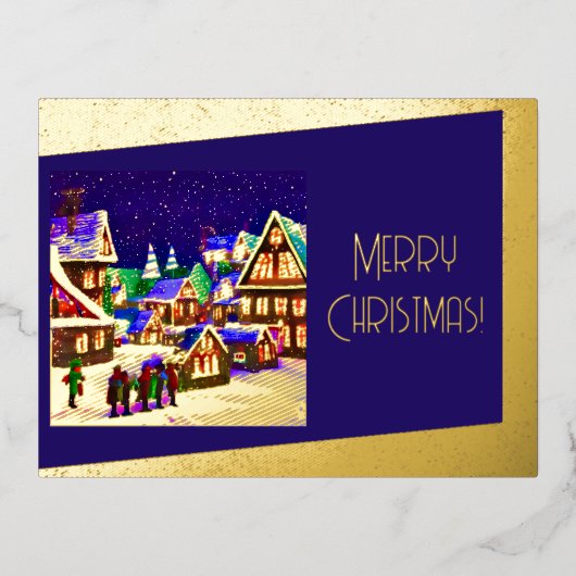メリークリスマスフォイル – 雪の中の村 箔シーズンポストカード (正面)