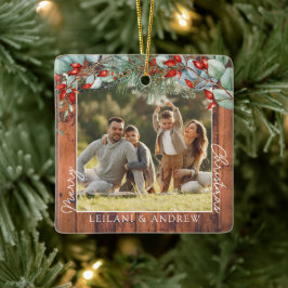 メリークリスマスフォトと水の色ホリーウッド セラミックオーナメント