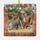 メリークリスマスフォトと水の色ホリーウッド セラミックオーナメント (正面)