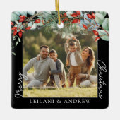 メリークリスマスフォトと水の色ホリーブラック セラミックオーナメント (正面)