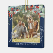 メリークリスマスフォトと水の色ホリー海軍 セラミックオーナメント (左)