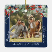 メリークリスマスフォトと水の色ホリー海軍 セラミックオーナメント (裏面)