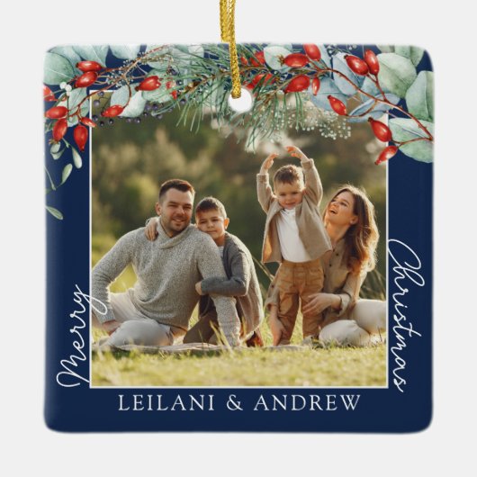 メリークリスマスフォトと水の色ホリー海軍 セラミックオーナメント (正面)
