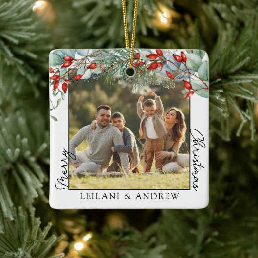 メリークリスマスフォトと水の色ホリー セラミックオーナメント (ツリー)
