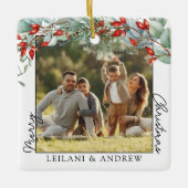 メリークリスマスフォトと水の色ホリー セラミックオーナメント (正面)