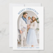 メリークリスマスフォトアーチ雪ほこりっぽいブルー シーズンカード (正面)