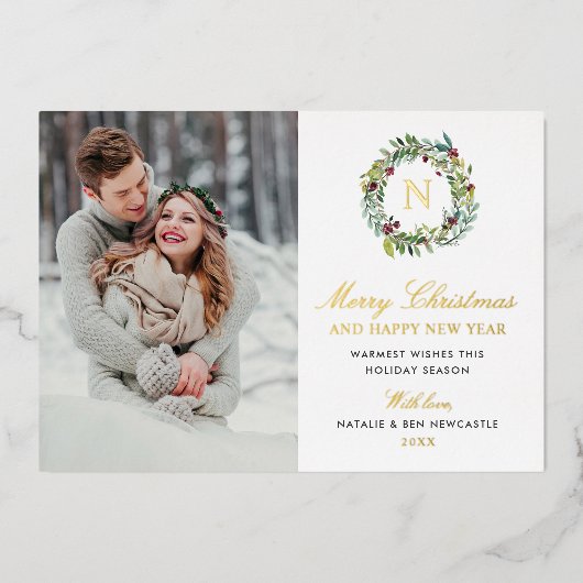 メリークリスマスフォトウィンターグリーナリーモノグラム 箔シーズンカード (正面)