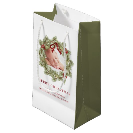 メリークリスマスフォトウォーターカラーグリーンリーリース スモールペーパーバッグ (正面アングル)