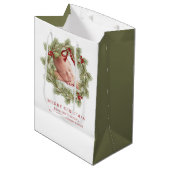 メリークリスマスフォトウォーターカラーグリーンリーリース ミディアムペーパーバッグ (正面アングル)