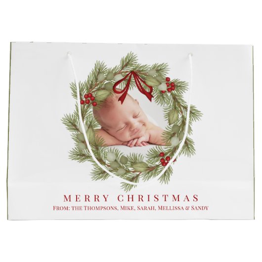 メリークリスマスフォトウォーターカラーグリーンリーリース ラージペーパーバッグ (裏面)