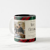 メリークリスマスフォトエレガントグリーンレッドプレイド ツートーンマグカップ (正面左)