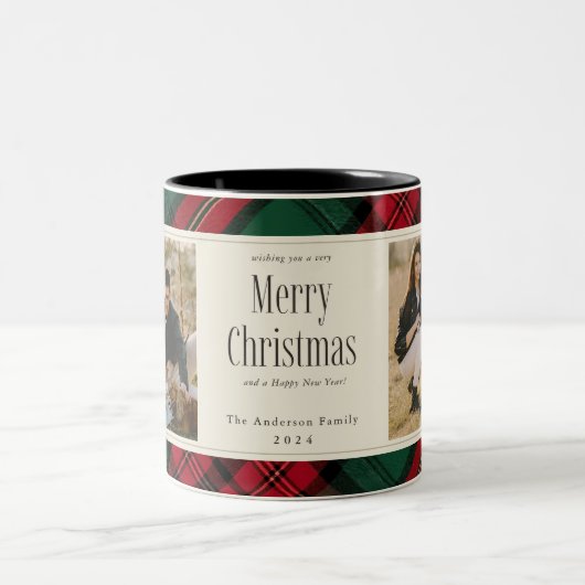 メリークリスマスフォトエレガントグリーンレッドプレイド ツートーンマグカップ (中央)