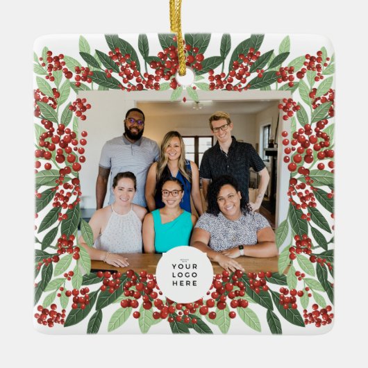 メリークリスマスフォトカスタムロゴ企業の セラミックオーナメント (正面)