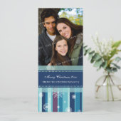 メリークリスマスフォトカードティール(緑がかった色)パープルスノーフレーク シーズンカード (スタンド正面)