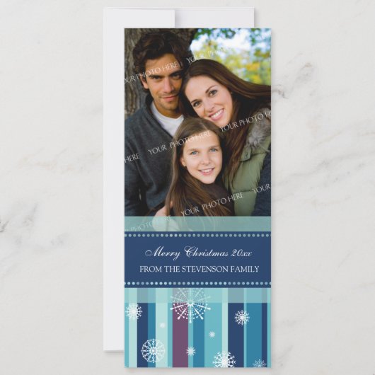 メリークリスマスフォトカードティール(緑がかった色)パープルスノーフレーク シーズンカード (正面)