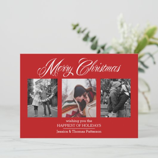 メリークリスマスフォトカード | 3枚のカスタム写真 シーズンカード (スタンド正面)