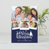 メリークリスマスフォトクリスマスネイビーブルーホワイト シーズンカード (スタンド正面)