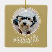 メリークリスマスフォトグリーティングカード金ゴールド セラミックオーナメント (裏面)