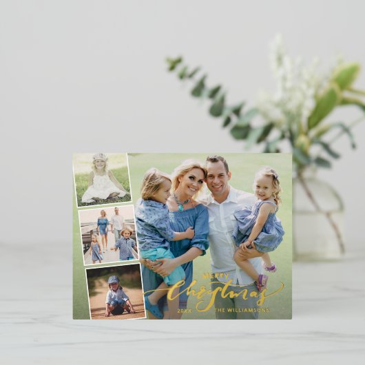 メリークリスマスフォトコラージハンドレタ金ゴールド 箔シーズンポストカード (立ち正面)