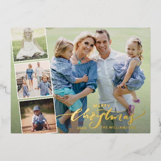 メリークリスマスフォトコラージハンドレタ金ゴールド 箔シーズンポストカード (正面)