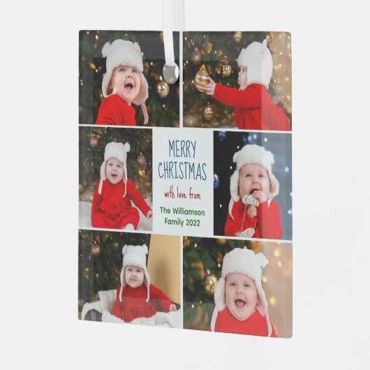 メリークリスマスフォトコラージュかわいいカスタムプレゼント ガラスオーナメント (正面左)