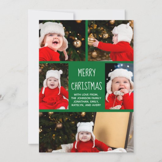 メリークリスマスフォトコラージュかわいいグリーンモダン シーズンカード (正面)