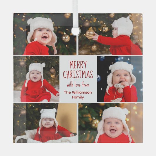 メリークリスマスフォトコラージュかわいいパーソナライズされた ガラスオーナメント (正面)