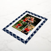 メリークリスマスフォトコラージュブルーチェック 箔シーズンカード (回転した状態)