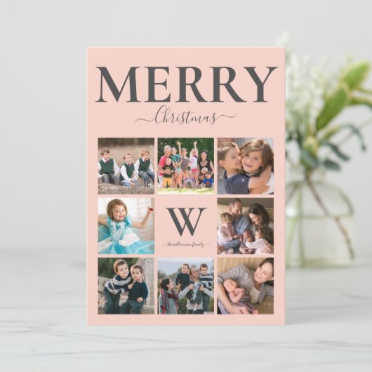 メリークリスマスフォトコラージュモノグラムピンクグレー シーズンカード (スタンド正面)