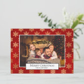 メリークリスマスフォトコラージュレッド金ゴールド雪 招待状 (スタンド正面)