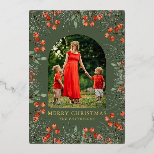 メリークリスマスフォトコラージュ水カラーフローラ 箔シーズンカード (正面)