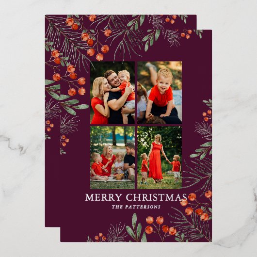 メリークリスマスフォトコラージュ水カラーフローラ 箔シーズンカード (正面/裏面)