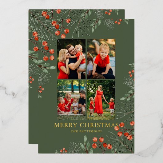 メリークリスマスフォトコラージュ水カラーフローラ 箔シーズンカード (正面/裏面)