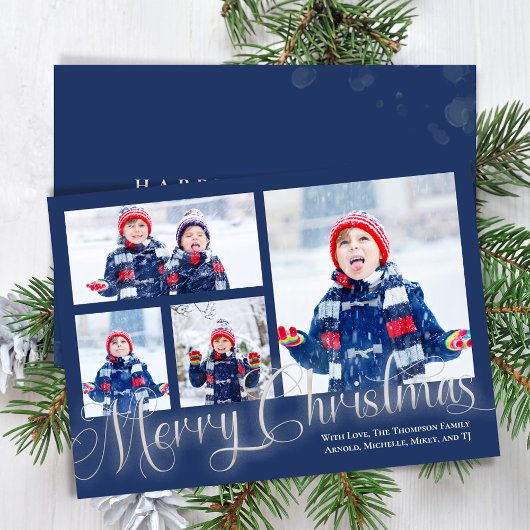 メリークリスマスフォトコラージュ海軍ブルースクリプト シーズンカード