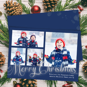 メリークリスマスフォトコラージュ海軍ブルースクリプト シーズンカード